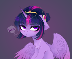 Size: 5051x4185 | Tagged: safe, artist:magnaluna, twilight sparkle, alicorn, pony, g4, alternate hairstyle, cheek fluff, chest fluff, crown, cute, dialogue, ear fluff, eyebrows, eyebrows visible through hair, female, floppy ears, jewelry, mare, purple background, regalia, simple background, solo, speech bubble, twiabetes, twilight sparkle (alicorn), twilight sparkle is not amused, unamused, wing fluff