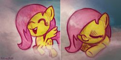 Size: 2000x999 | Tagged: safe, artist:noponyzone, fluttershy, pegasus, pony, g4, cloud, eyes closed, female, filly, filly fluttershy, flying, solo, younger