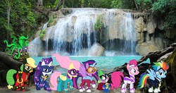 Size: 4096x2160 | Tagged: safe, artist:kayman13, applejack, fili-second, fluttershy, mane-iac, mistress marevelous, pinkie pie, radiance, rainbow dash, rarity, saddle rager, spike, twilight sparkle, zapp, alicorn, pony, g4, humdrum costume, irl, looking at each other, looking at you, looking up, mane seven, mane six, masked matter-horn costume, photo, ponies in real life, power ponies, smiling, twilight sparkle (alicorn), water, waterfall