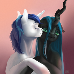 Size: 1000x1000 | Tagged: safe, artist:pinefool, queen chrysalis, shining armor, changeling, changeling queen, pony, unicorn, fanfic:off the mark, g4, fanfic art, female, infidelity, infidelity armor, kissing, male, ship:shining chrysalis, shipping, straight
