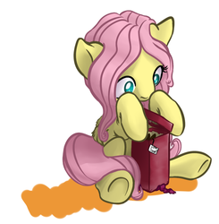 Size: 650x662 | Tagged: safe, artist:getanacocunttheysaid, fluttershy, pegasus, pony, g4, female, folded wings, implied angel bunny, looking at something, mare, present, simple background, sitting, solo, white background, wings