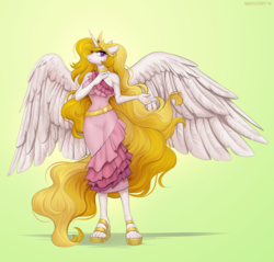 Size: 1257x1200 | Tagged: safe, artist:margony, princess celestia, alicorn, anthro, plantigrade anthro, g4, alternate hair color, clothes, crown, dress, feet, female, jewelry, looking at you, mare, regalia, sandals, solo, toenails, toes, yellow hair