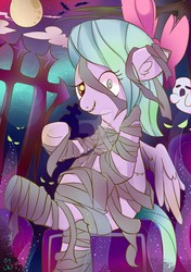 Size: 1024x1453 | Tagged: safe, artist:kumikoponylk, flitter, bat, ghost, monster pony, pegasus, pony, g4, clothes, costume, deviantart watermark, ear fluff, female, full moon, halloween, holiday, looking at you, mare, mismatched eyes, moon, mummy, night, nightmare night, obtrusive watermark, solo, watermark
