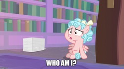 Size: 888x499 | Tagged: safe, edit, edited screencap, screencap, cozy glow, pony, g4, what lies beneath, amnesia, belly, caption, female, image macro, impact font, library, rubbing head, solo, text