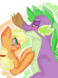 Size: 899x1200 | Tagged: safe, artist:cocolove2176, applejack, spike, dragon, pony, g4, accessory theft, blushing, cheek fluff, chest fluff, cute, female, leg fluff, male, mouth hold, older, older spike, open mouth, partial background, profile, ship:applespike, shipping, straight
