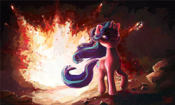 Size: 1500x900 | Tagged: safe, artist:nemo2d, queen chrysalis, starlight glimmer, changeling, changeling queen, pony, unicorn, g4, the ending of the end, badass, cool guys don't look at explosions, digital art, explosion, female, horn, mare, scene interpretation, solo, walking away from explosion