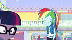 Size: 1920x1080 | Tagged: safe, screencap, rainbow dash, sci-twi, twilight sparkle, dashing through the mall, equestria girls, equestria girls specials, g4, my little pony equestria girls: better together, my little pony equestria girls: holidays unwrapped, animated, creeped out, creepy, creepy smile, female, geode of super speed, geode of telekinesis, glasses, leaning forward, looking around, looking at someone, magical geodes, out of context, shopping mall, shrunken pupils, sitting, smiling, sound, talking, twilight snapple, twilighting, twilynanas, webm