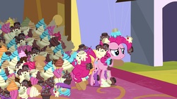 Size: 1920x1080 | Tagged: safe, screencap, pinkie pie, earth pony, pony, g4, the ending of the end, cupcake, female, food, mare, solo