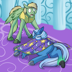 Size: 1000x1000 | Tagged: safe, artist:foxenawolf, trixie, oc, oc:mark wells, alicorn, changeling, pegasus, pony, fanfic:off the mark, g4, alicornified, blonde hair, cape, clothes, disguise, disguised changeling, eyes closed, horseshoes, markxie, race swap, shipping, trixiecorn, unconscious, underhoof, vest