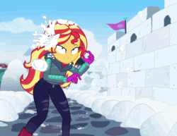 Size: 1400x1080 | Tagged: safe, screencap, flash sentry, sunset shimmer, equestria girls, equestria girls specials, g4, my little pony equestria girls: better together, my little pony equestria girls: holidays unwrapped, animated, clothes, cropped, flag, gif, snow, snowball, wall, winter outfit
