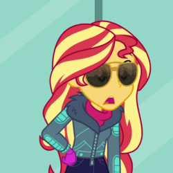 Size: 1080x1080 | Tagged: safe, screencap, sunset shimmer, equestria girls, equestria girls series, g4, holidays unwrapped, spoiler:eqg series (season 2), animated, clothes, cropped, female, gif, solo, sunglasses, winter outfit