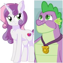 Size: 2896x2896 | Tagged: safe, artist:aureai-sketches, artist:cyanlightning, edit, edited screencap, screencap, spike, sweetie belle, dragon, pony, unicorn, g4, the last problem, beautiful, cutie mark, female, gigachad spike, handsome, high res, male, mare, muscles, older, older spike, older sweetie belle, pair, ship:spikebelle, shipping, straight, the cmc's cutie marks