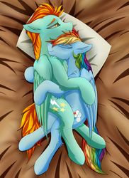 Size: 2160x2970 | Tagged: safe, artist:crimsonwolf360, lightning dust, rainbow dash, pegasus, pony, g4, cuddling, cute, duo, eyes closed, female, floppy ears, high res, lesbian, mare, pillow, ship:rainbowdust, shipping, smiling