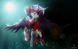 Size: 2048x1302 | Tagged: safe, artist:zidanemina, oc, oc only, oc:rood, pony, anime, armor, crossover, open mouth, sagittarius, saint seiya, solo, zodiac