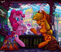 Size: 3456x2957 | Tagged: safe, artist:jowyb, applejack, pinkie pie, roseluck, earth pony, pegasus, pony, g4, apple, bag, color porn, confetti, cottagecore, cowboy hat, detailed, dirty hooves, duo focus, eyes closed, female, food, glass, hat, high res, mare, open mouth, scenery, sitting, stetson, streetlight, town, tree, windmill