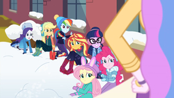 Size: 2048x1152 | Tagged: safe, screencap, applejack, fluttershy, pinkie pie, princess celestia, principal celestia, rainbow dash, rarity, sci-twi, sunset shimmer, twilight sparkle, equestria girls, equestria girls series, g4, holidays unwrapped, spoiler:eqg series (season 2), caught, clothes, earmuffs, female, grin, hand on hip, hat, humane five, humane seven, humane six, imminent detention, jacket, mittens, nervous, nervous smile, oh crap face, scarf, smiling, snow, this will end in detention, watch, winter jacket, winter outfit, wristwatch