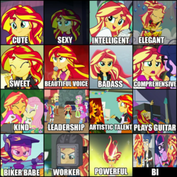 Size: 1475x1475 | Tagged: safe, edit, flash sentry, sci-twi, sunset shimmer, twilight sparkle, equestria girls, g4, biker, blowtorch, clothes, female, jack of all trades, lab coat, lesbian, male, meme, microphone, ship:flashimmer, ship:sci-twishimmer, ship:sunsetsparkle, shipping, straight, sunset shimmer is bisexual, sunset welder, talented, welding mask