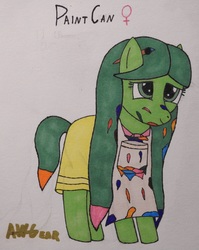 Size: 2400x3008 | Tagged: safe, artist:awgear, oc, oc only, oc:paint can, earth pony, pony, female, filly, green coat, green eyes, green mane, high res, paint, paintbrush, solo, teenager, traditional art