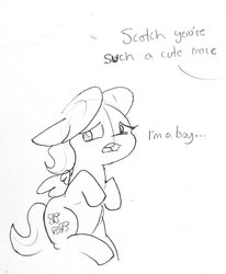 Size: 1150x1394 | Tagged: safe, artist:tjpones, fluttershy, pegasus, pony, g4, adorascotch, black and white, butterscotch, cute, dialogue, femboy, floppy ears, grayscale, male, mistaken gender, monochrome, offscreen character, rule 63, rule63betes, solo, stallion, trap
