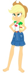 Size: 340x874 | Tagged: safe, artist:marcorulezzz, edit, editor:thomasfan45, vector edit, applejack, equestria girls, equestria girls series, g4, applejack's hat, barefoot, belt, blonde hair, clothes, cowboy hat, cute, denim skirt, feet, female, freckles, geode of super strength, green eyes, hand on hip, hat, jackabetes, legs, looking up, magical geodes, ponytail, shirt, simple background, skirt, solo, stetson, t-shirt, vector, white background