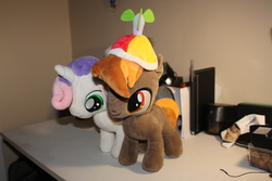 Size: 5184x3456 | Tagged: safe, button mash, sweetie belle, earth pony, pony, unicorn, g4, buttonbetes, colt, cute, diasweetes, duo, female, filly, irl, male, photo, plushie