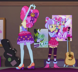 Size: 1163x1080 | Tagged: safe, screencap, kiwi lollipop, supernova zap, equestria girls, equestria girls series, g4, sunset's backstage pass!, spoiler:eqg series (season 2), acoustic guitar, applying makeup, bow, clothes, compact mirror, cropped, duo, duo female, feet, female, guitar, guitar case, hair bow, high heels, k-lo, legs, makeup, miniskirt, musical instrument, one eye closed, open-toed shoes, postcrush, poster, sandals, shoes, skirt, stockings, stretching, su-z, thigh highs, time twirler, zettai ryouiki