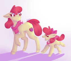Size: 2600x2200 | Tagged: safe, artist:synnibear03, apple bloom, earth pony, pony, g4, blank flank, duality, eyes closed, female, filly, high res, older, older apple bloom, open mouth, raised hoof, self ponidox, time paradox