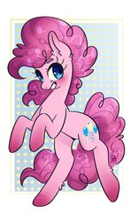 Size: 750x1200 | Tagged: safe, artist:vannah92138445, pinkie pie, earth pony, pony, g4, abstract background, cute, diapinkes, ear fluff, female, leg fluff, mare, smiling, solo
