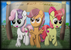 Size: 7016x4961 | Tagged: safe, artist:php124, apple bloom, scootaloo, sweetie belle, earth pony, pegasus, pony, unicorn, g4, apple bloom's bow, bow, cutie mark, cutie mark crusaders, female, filly, foal, hair bow, outdoors, sign, the cmc's cutie marks, tree, trio, wings