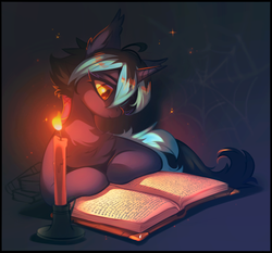 Size: 1845x1717 | Tagged: safe, artist:share dast, oc, oc only, oc:crescent rune, hybrid, pony, unicorn, book, candle, candlelight, chest fluff, simple background, solo, two toned mane