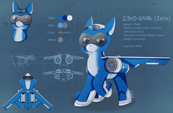 Size: 2859x1861 | Tagged: safe, artist:jesterpi, oc, oc:zero, original species, plane pony, pony, abstract background, blue, blueprint, bright, commission, flare, flying engines, jet pony, one eye closed, plan, plane, profile, reference sheet, shadow, sky, smiling, smirk, standing, stealth, sun, wings, wink