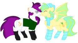 Size: 4500x2494 | Tagged: safe, artist:crazysketch101, oc, oc only, oc:electric pineapple, oc:seele, bat pony, pony, unicorn, beanie, boop, clothes, duo, gay, glasses, hat, male, noseboop, request, scarf, shipping, simple background, socks, striped socks, tongue out, transparent background
