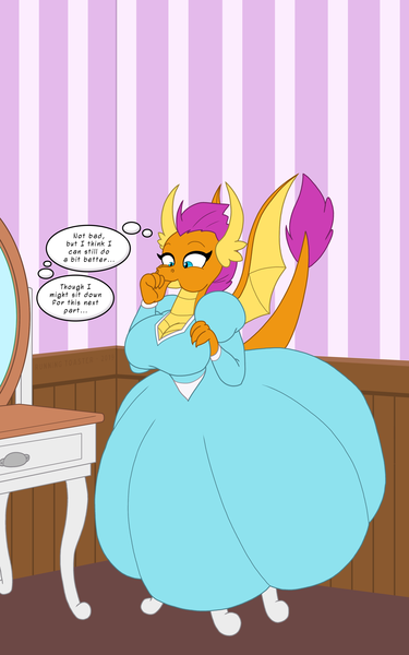 2172238 Safe Artist Runningtoaster Smolder Anthro Dragon Comic Smoulder Up Breasts Busty Smolder Cartoon Physics Chair Cleavage Clothes Commission Dialogue Dragoness Dress Female Growth Mirror Princess Smolder Samantha Goldenwing