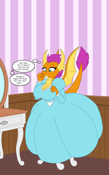 Size: 1250x2000 | Tagged: safe, artist:runningtoaster, smolder, dragon, anthro, comic:smoulder up, g4, breasts, busty smolder, cartoon physics, chair, cleavage, clothes, commission, dialogue, dragoness, dress, female, growth, lizard breasts, mirror, princess smolder, puffy sleeves, samantha goldenwing, self inflation, solo, thought bubble, transformation