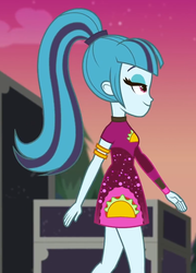 Size: 777x1080 | Tagged: safe, screencap, sonata dusk, equestria girls, equestria girls series, g4, sunset's backstage pass!, spoiler:eqg series (season 2), armlet, clothes, cropped, dress, female, jewelry, legs, lidded eyes, minidress, outdoors, ponytail, taco dress