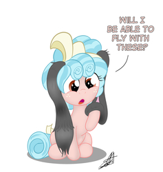 Size: 2550x2687 | Tagged: safe, artist:stormythetrooper, cozy glow, original species, pegasus, pony, g4, dialogue, female, freckles, high res, simple background, solo, species swap, white background