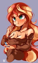 Size: 1112x1863 | Tagged: safe, artist:tohupo, sunset shimmer, equestria girls, g4, bare shoulders, breasts, busty sunset shimmer, cleavage, clothes, cute, eating, female, food, human coloration, off shoulder, pocky, shimmerbetes, simple background, solo, sweater