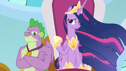 Size: 1366x768 | Tagged: safe, screencap, spike, twilight sparkle, alicorn, dragon, the last problem, crossed arms, crown, gigachad spike, hoof shoes, jewelry, looking down, medallion, older, older spike, older twilight, peytral, princess twilight 2.0, regalia, throne, twilight sparkle (alicorn), winged spike, wings