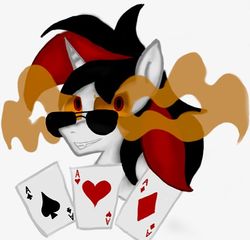 Size: 600x575 | Tagged: safe, artist:hunterthewastelander, oc, oc only, oc:blackjack, pony, unicorn, fallout equestria, fallout equestria: project horizons, bust, card, colored sclera, fanfic, fanfic art, female, grin, horn, mare, playing card, simple background, smiling, solo, sombra eyes, sunglasses, unicorn oc, white background, yellow sclera