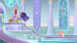 Size: 1366x768 | Tagged: safe, screencap, luster dawn, spike, twilight sparkle, alicorn, dragon, pony, unicorn, the last problem, banner, canterlot throne room, carpet, column, crown, disbelief, female, gigachad spike, hoof shoes, jewelry, male, mare, medallion, older, older spike, older twilight, peytral, princess twilight 2.0, regalia, stained glass, stained glass window, throne, throne room, twilight sparkle (alicorn), winged spike, wings