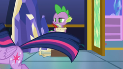 Size: 1366x768 | Tagged: safe, screencap, spike, twilight sparkle, alicorn, dragon, pony, g4, the last problem, door, paper, quill, twilight sparkle (alicorn), twilight's castle, winged spike, wings