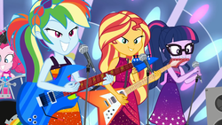Size: 1920x1080 | Tagged: safe, screencap, pinkie pie, rainbow dash, sci-twi, sunset shimmer, twilight sparkle, equestria girls, equestria girls specials, g4, my little pony equestria girls: better together, my little pony equestria girls: spring breakdown, all good (song), drum set, drums, electric guitar, female, flying v, glasses, guitar, microphone, microphone stand, musical instrument, singing, sleeveless, smiling, speaker, stage, stage light