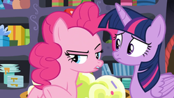 Size: 1366x768 | Tagged: safe, screencap, pinkie pie, twilight sparkle, alicorn, earth pony, pony, g4, the last problem, boxes, dishes, party cave, present, shelf, suspicious, twilight sparkle (alicorn), whispering