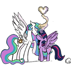 Size: 1024x1024 | Tagged: safe, artist:mrassi1000, princess celestia, twilight sparkle, alicorn, pony, g4, boop, eyes closed, female, floppy ears, glowing horn, heart, horn, lesbian, mare, noseboop, nuzzling, ship:twilestia, shipping, simple background, smiling, transparent background, twilight sparkle (alicorn)
