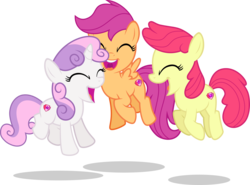 Size: 4500x3337 | Tagged: safe, artist:xebck, edit, editor:slayerbvc, vector edit, apple bloom, scootaloo, sweetie belle, earth pony, pegasus, pony, unicorn, g4, accessory-less edit, cutie mark, cutie mark crusaders, excited, eyes closed, female, filly, foal, happy, jumping, missing accessory, open mouth, pronking, simple background, the cmc's cutie marks, transparent background, trio, vector