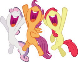 Size: 4252x3369 | Tagged: safe, artist:sir-teutonic-knight, edit, editor:slayerbvc, vector edit, apple bloom, scootaloo, sweetie belle, pony, g4, accessory-less edit, cutie mark crusaders, jumping, missing accessory, nose in the air, open mouth, simple background, smiling, transparent background, vector