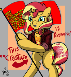 Size: 550x600 | Tagged: safe, artist:gamedevanon, artist:thedrizzle404, edit, edited edit, sunset shimmer, pony, unicorn, g4, arrow, bipedal, choker, clothes, communism, edit of an edit of an edit, everycreature, female, flag, flag pole, grin, hoof hold, jacket, jewelry, leather jacket, looking at you, mare, satire, signature, smiling, solo, soviet shimmer, squee, standing upright, text, this cat is gay and there's nothing you can do about it