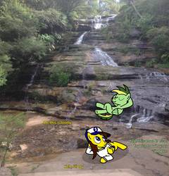 Size: 875x913 | Tagged: safe, artist:didgereethebrony, part of a set, oc, oc only, oc:didgeree, oc:ponyseb, pegasus, pony, australia, clothes, hat, katoomba, katoomba falls, mlp in australia, relaxed, relaxing, sweater, waterfall