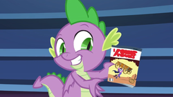 Size: 1366x768 | Tagged: safe, screencap, spike, dragon, g4, the last problem, book, bookshelf, comic book, male, smiling, solo, teeth, winged spike, wings