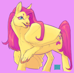 Size: 500x493 | Tagged: safe, artist:jayrockin, fluttershy, pegasus, pony, tiny sapient ungulates, g4, cheek fluff, ear fluff, female, fluffy, leg fluff, looking back, mare, neck fluff, open mouth, pink background, purple background, raised hoof, realistic, simple background, solo, spread wings, wing fluff, wings